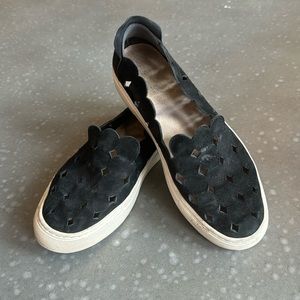 Rachel Zoe Black suede, scallops slip on sneakers size 6 VUC see pics for wear